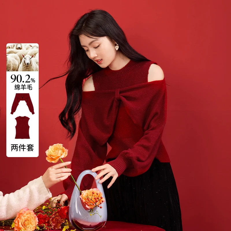 T851223时尚套装 香影罗纹圆领蝴蝶结露肩毛衣红色套装25新款上衣