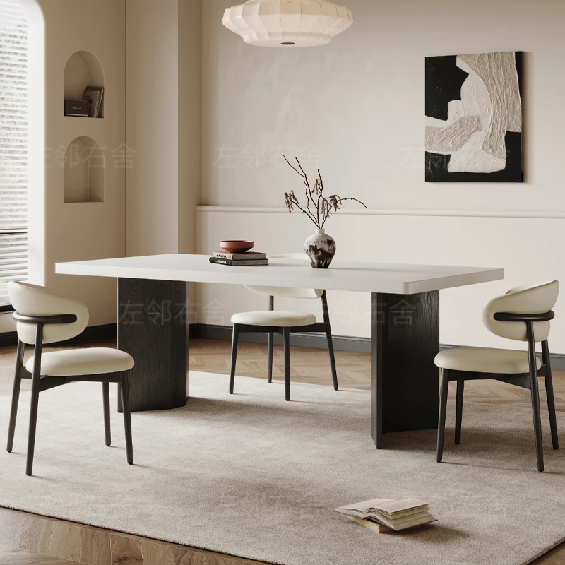 意式极简实木岩板餐桌家用现代简约加厚白蜡木餐桌椅组合长方形
