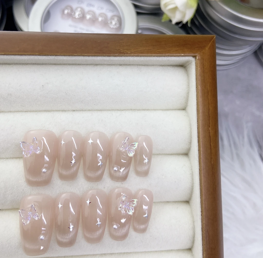 【仲夏夜】梦幻法式腮红猫眼碎钻手工光疗穿戴美甲成品假指甲贴片