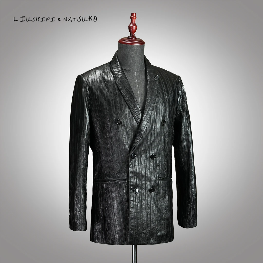 L&N高定男士春秋设计师轻奢黑色褶皱肌理感设计款休闲皮西装外套