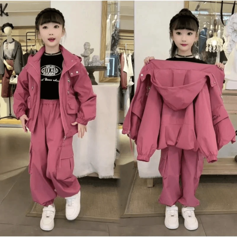 2025新款秋季女童中大童韩版包包儿童休闲运动冲锋外套工装套装