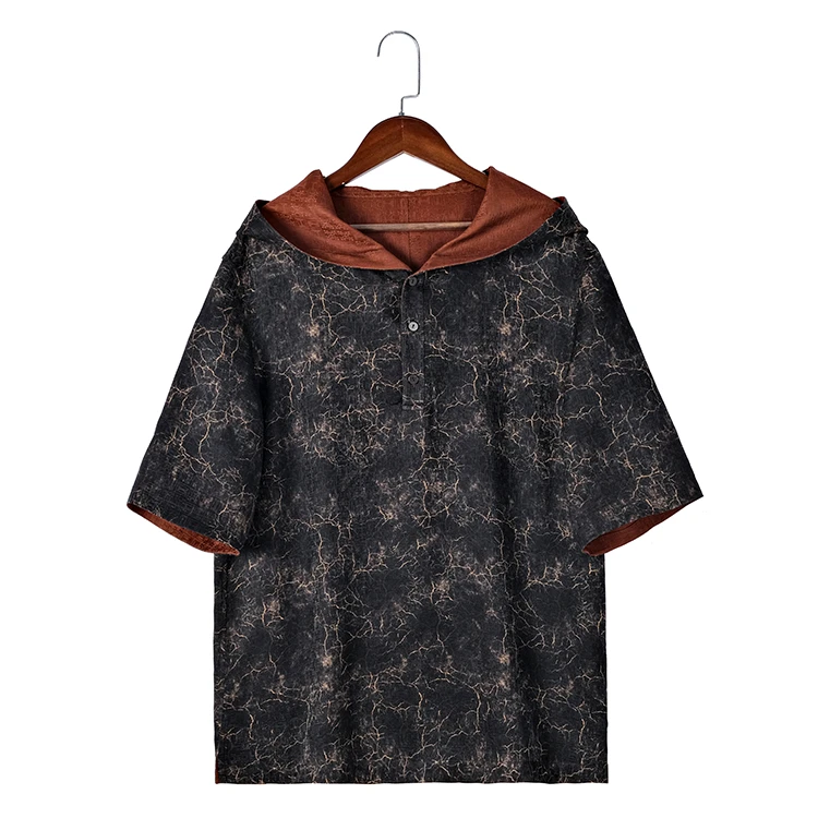 88302 男士双面穿帽衫夏季桑蚕丝提花缎红云纱中国风连帽复古短袖