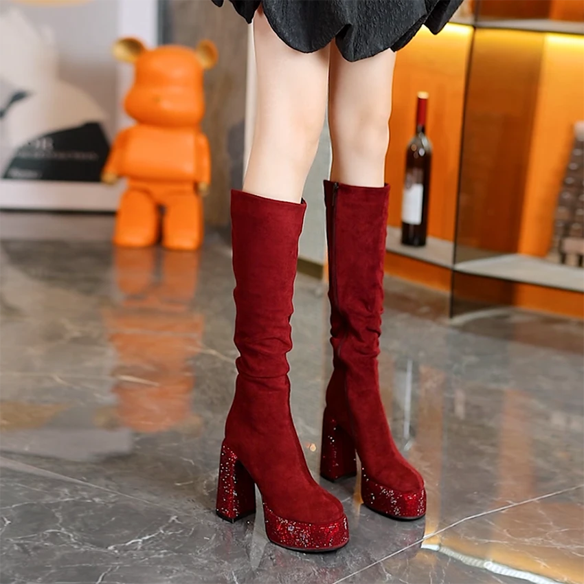 不过膝厚底高跟长靴秋冬新款圆头粗跟时装靴水钻防水台百搭中筒靴