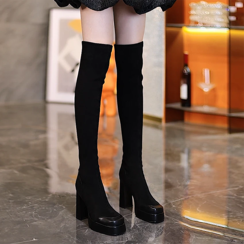 黑色过膝靴女秋冬新款方头高跟长靴粗跟防水台加绒弹力瘦瘦高筒靴