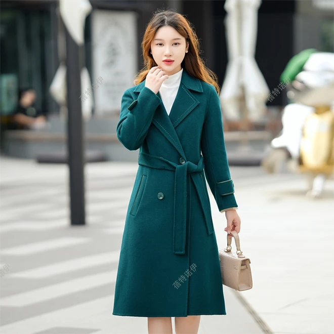 高级感设计气质时尚双排扣长款纯羊毛手工缝制修身大衣女士百搭