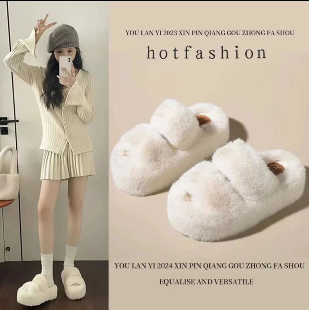 【拍一发二】新款仙女风秋冬毛毛拖鞋时尚外穿增高厚底百搭毛绒拖鞋