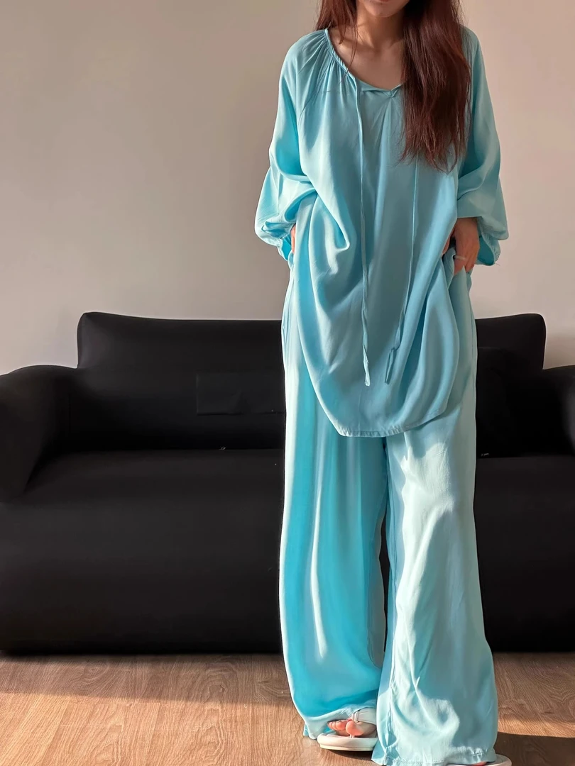 法式高级感纯色睡衣女款2024新款夏大码长袖长裤可外穿家居服套装