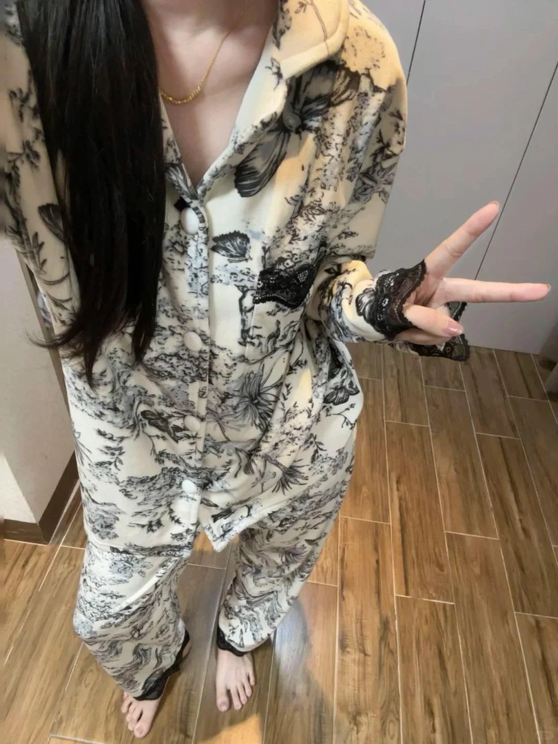 【水墨蝴蝶】舒适德绒国风设计感蕾丝睡衣女秋冬套装网红新款家居服