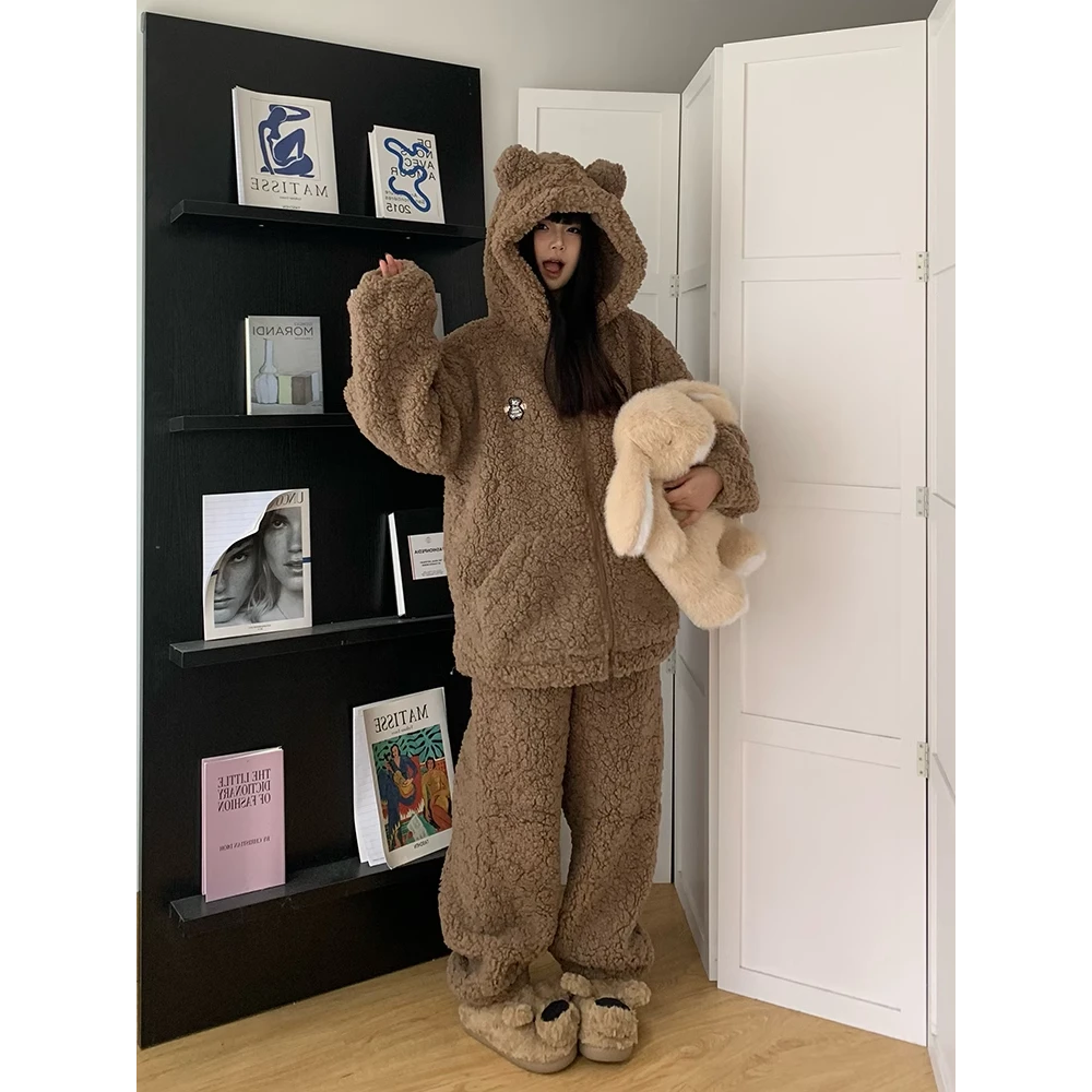 少女可爱小熊耳朵连帽珊瑚绒睡衣女季2025年加绒加厚家居服两件套