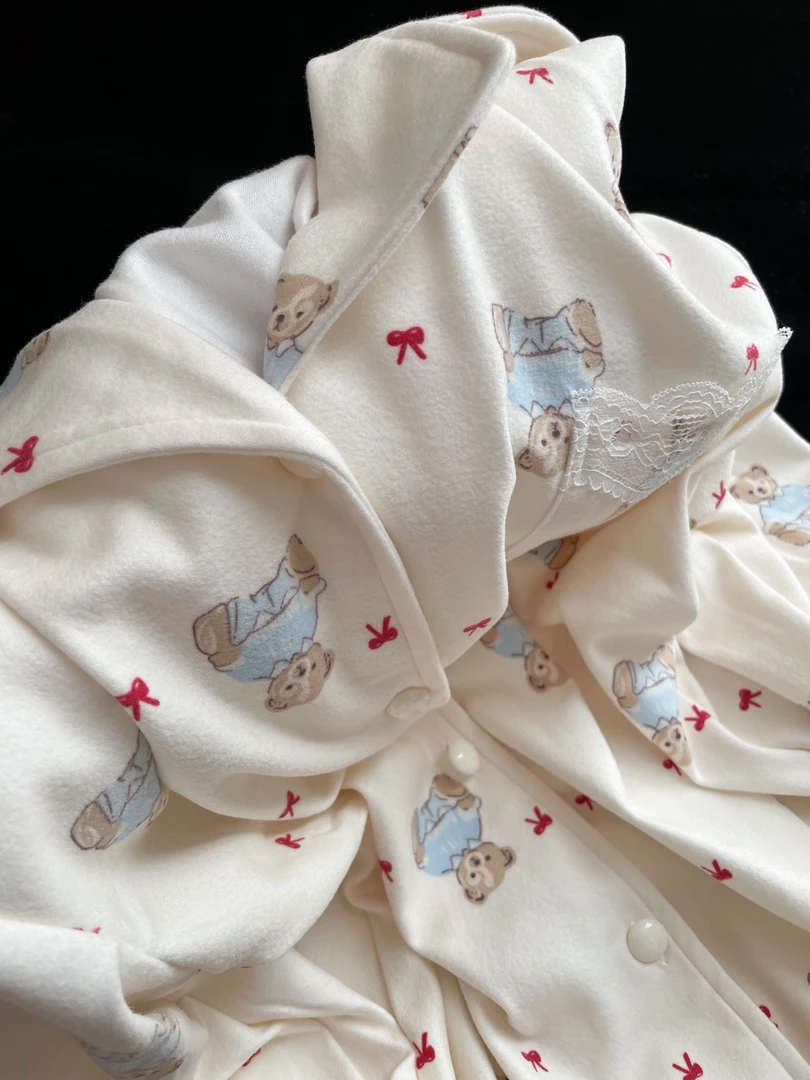 小熊蝴蝶结印花加厚长袖睡衣女2024冬季新款家居服加绒保暖套装