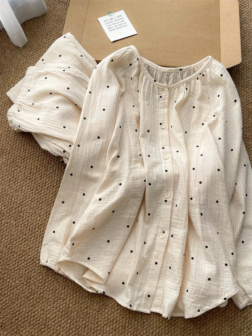 韩版少女波点双层棉纱睡衣女2024春秋新款软糯大码长裤家居服套装