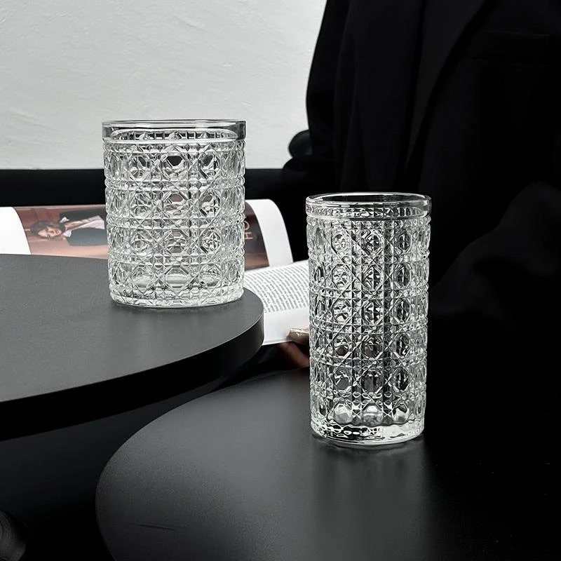 奥禾ins北欧风复古浮雕玻璃水杯牛奶果汁奶茶杯啤酒杯子威士忌杯