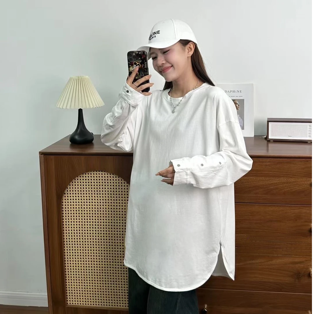 秋冬款大版宽松个性长款遮屁股开叉袖口带扣显瘦T简约长袖中长款