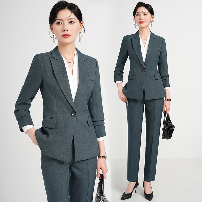 灰色职业装女春秋西装套装修身面试工作服气质西服职场女神范9920