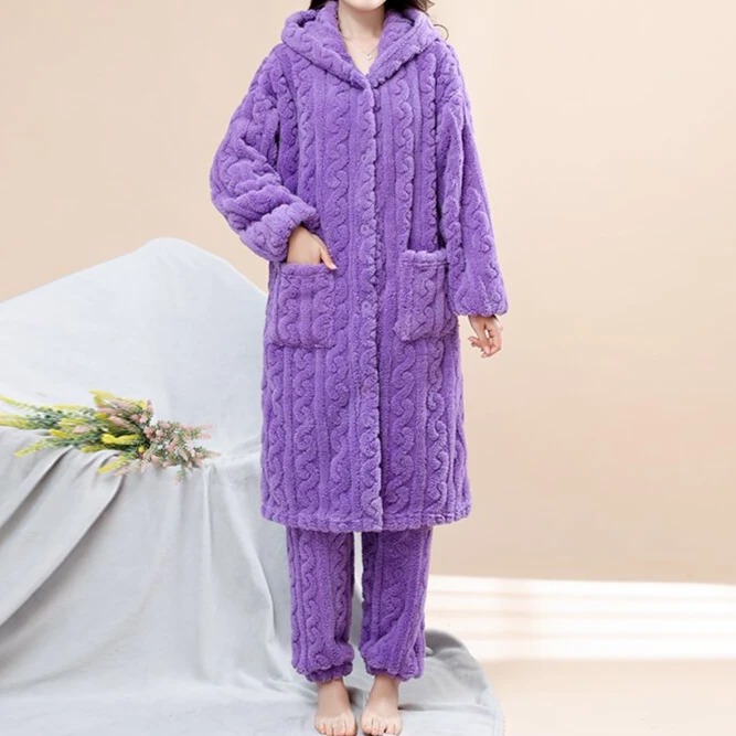 加长款加绒加厚女士睡衣中长款长袍2023睡袍套装两件套秋冬居家服