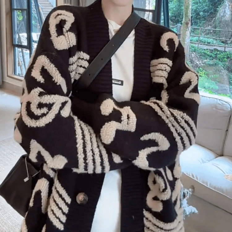 慵懒风软糯撞色音符图案毛衣外套  4