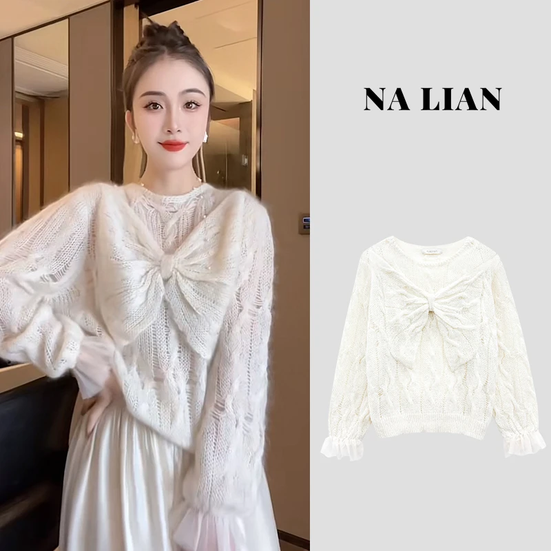 【现货秒发】-洋洋优选-秋冬新款镂空蝴蝶结圆领套头毛衣女YY68090
