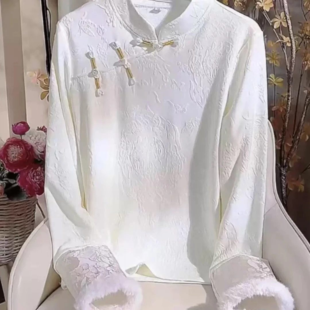 【PUHUA/朴婳】新中式国风加绒2024秋冬新款重工提花内搭气质长袖