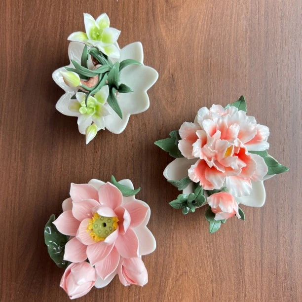 纯手工陶瓷手捏花香插摆件牡丹桌面摆件兰花摆件茶道摆件