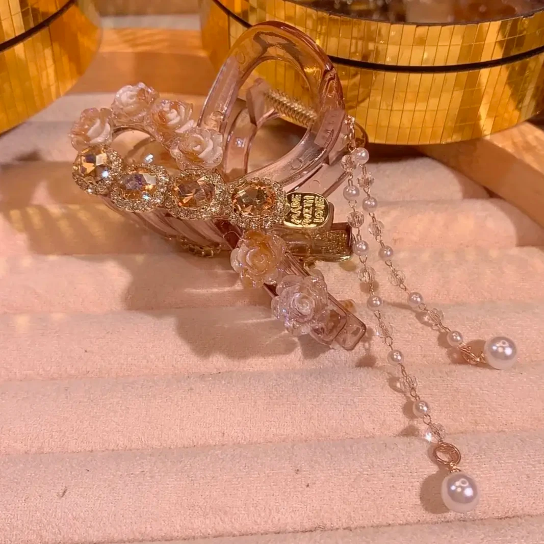 Y1069新款飘带玫瑰花钻钻流苏抓夹8cm简约百搭气质优雅