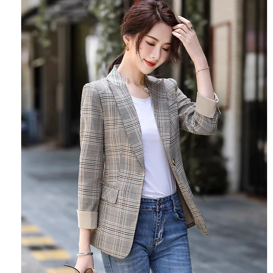 小西装外套女格子韩版复古西服短款休闲小个子设计高级感职业短款