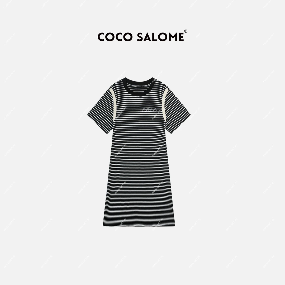 COCO SALOME⒀【线条少女】条纹拼色胸口烫钻时尚休闲连衣裙0425