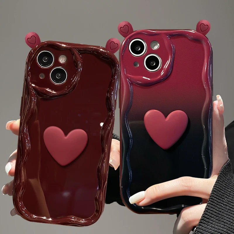 酒红爱心耳朵适用苹果vivo华为oppo小米iPhone15新款小众手机壳