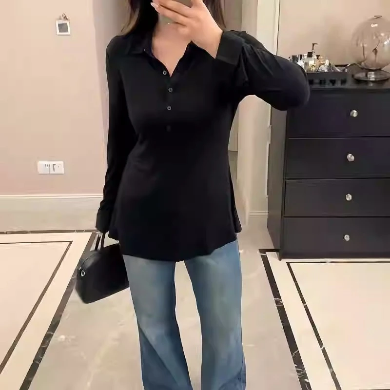 大码女装法式设计感ol长袖T恤春季胖mm遮肉显瘦收腰绑带内搭推荐