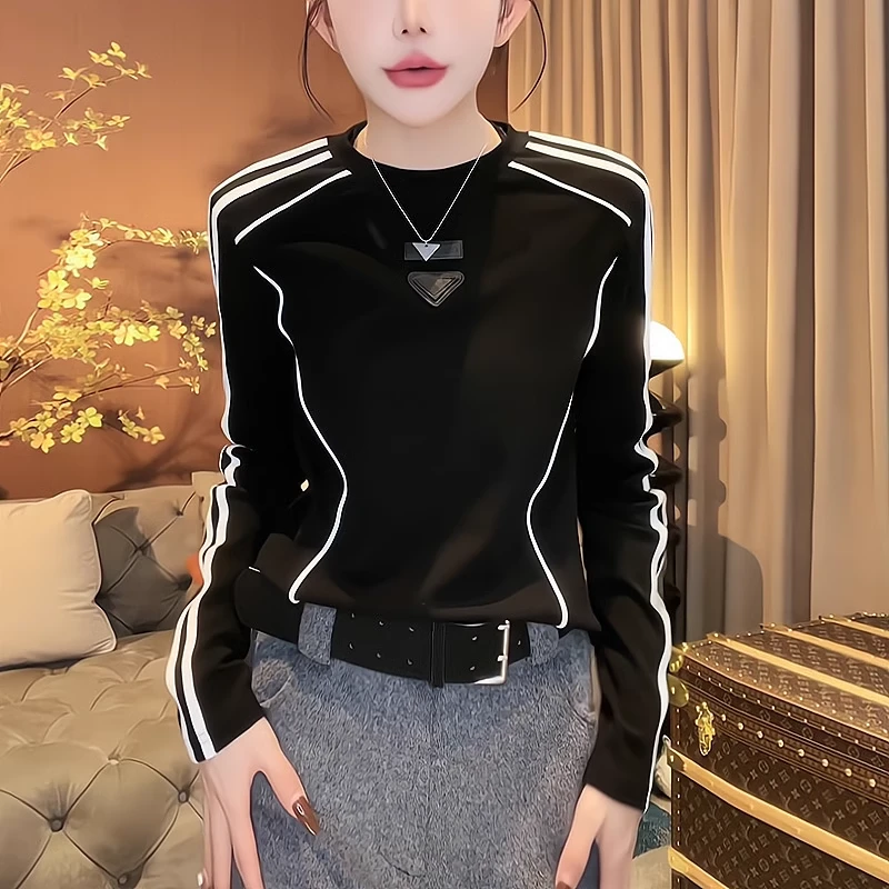 大码时尚别致打底衫条纹上衣女春季胖mm时髦穿搭收腰气质长袖T恤