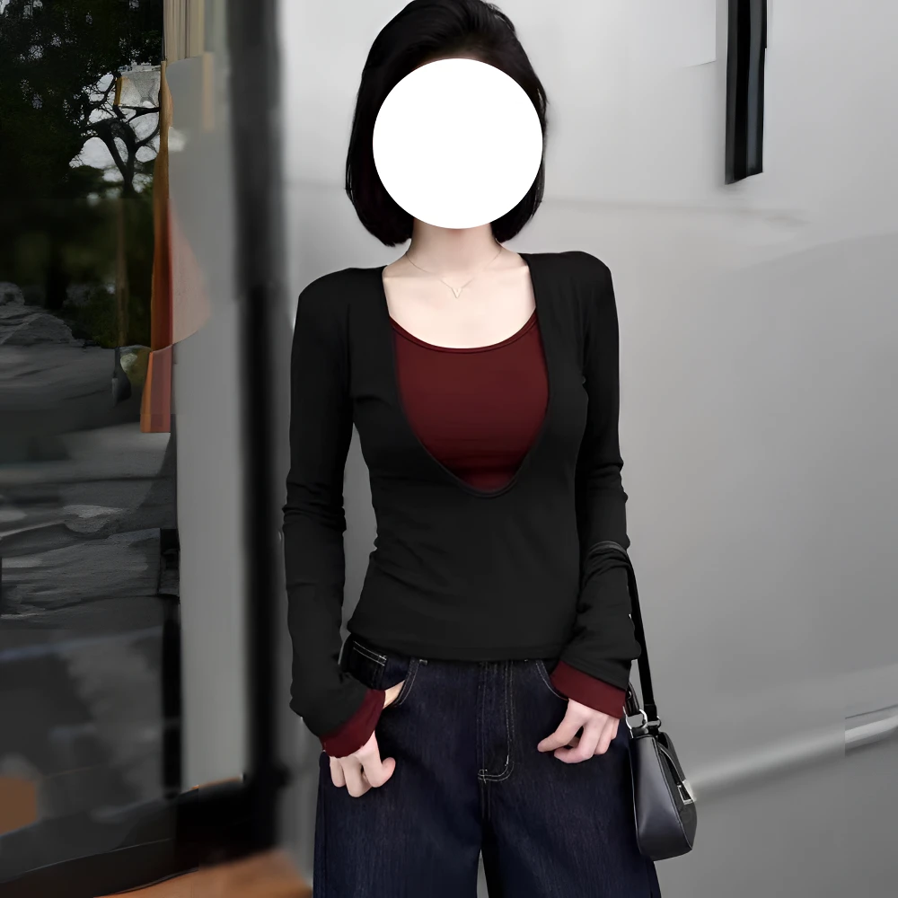 大码假两件撞色U领长袖T恤女秋冬微胖穿搭纯欲风修身显瘦绝美上衣