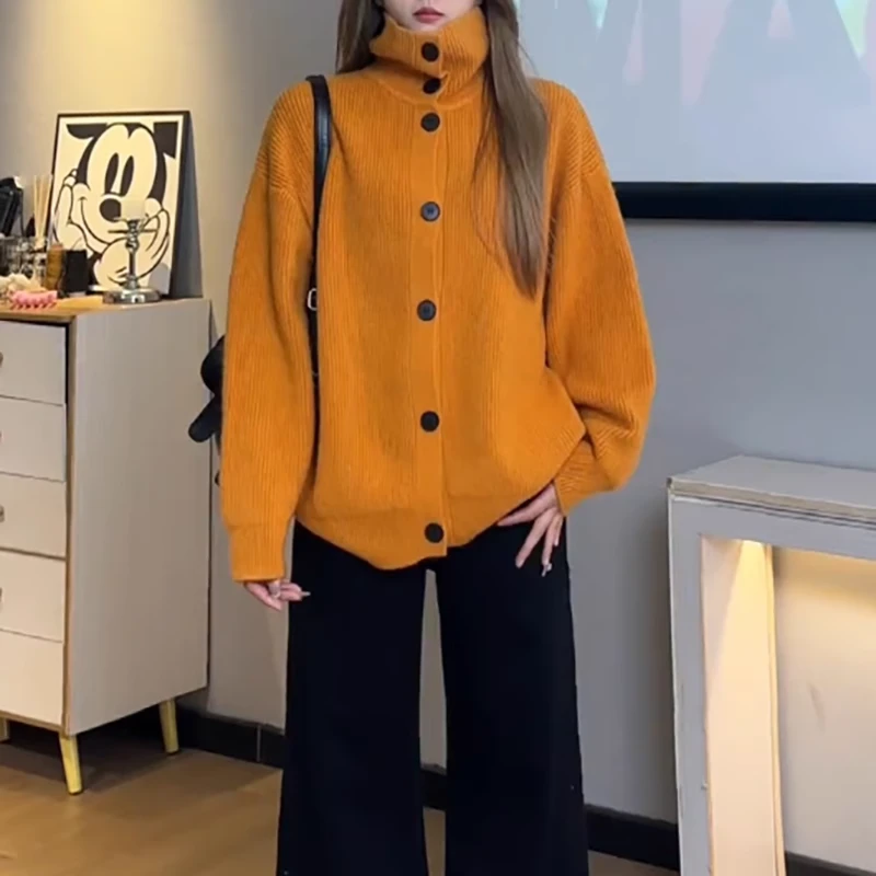 2024冬季大码韩版宽松高领毛衣外套女慵懒风洋气减龄针织开衫上衣