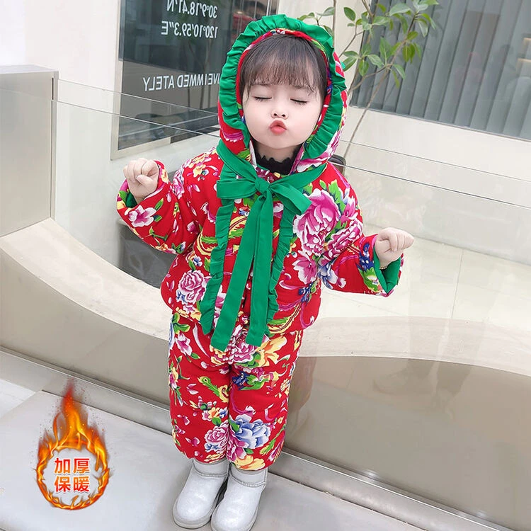 东北大花棉袄儿童冬装套装女宝宝棉服两件套女童棉衣冬季加绒加厚