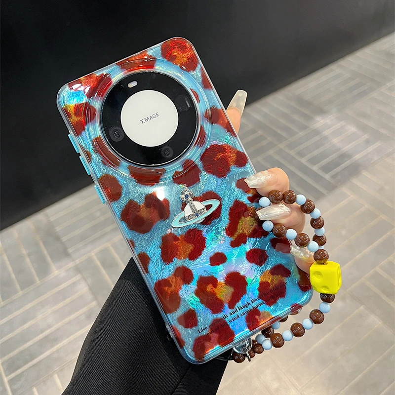 适用华为mate60pro+手机壳pura70满屏蓝棕豹纹Mate60苹果16promax