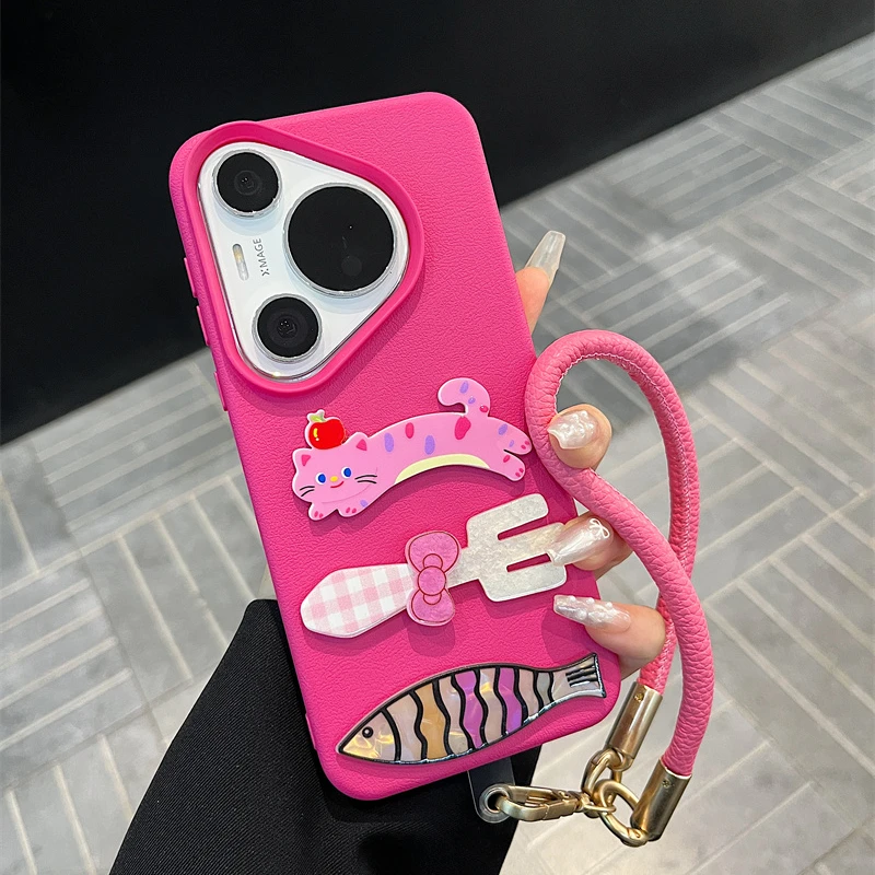 适用华为Pura70pro+手机壳mate60/50/40立体餐具猫咪荔枝纹苹果15