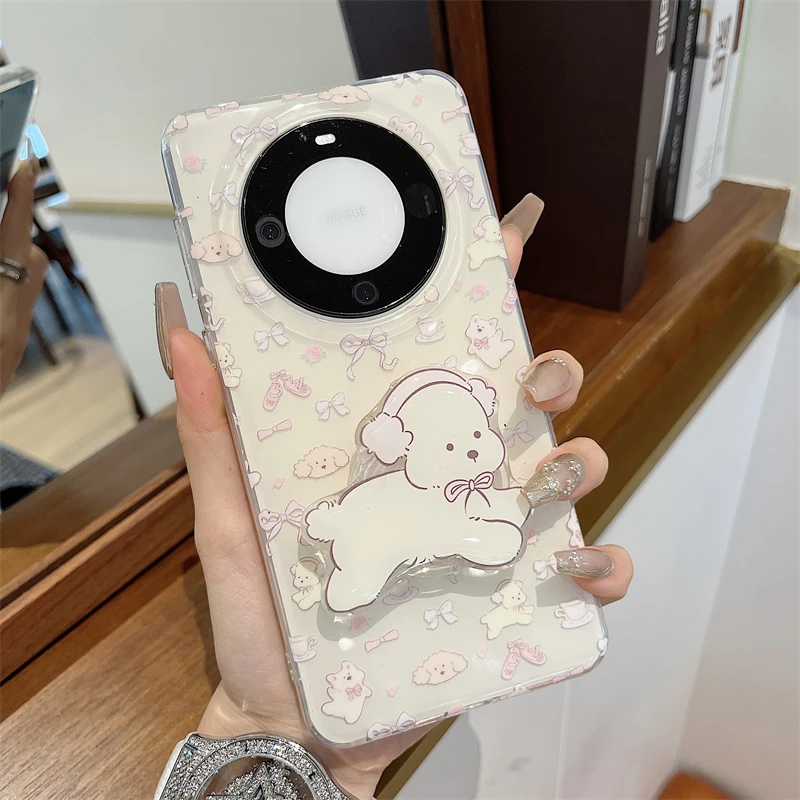 蝴蝶结带耳机狗狗适用华为mate60pro+手机壳mate60双层硅胶苹果15
