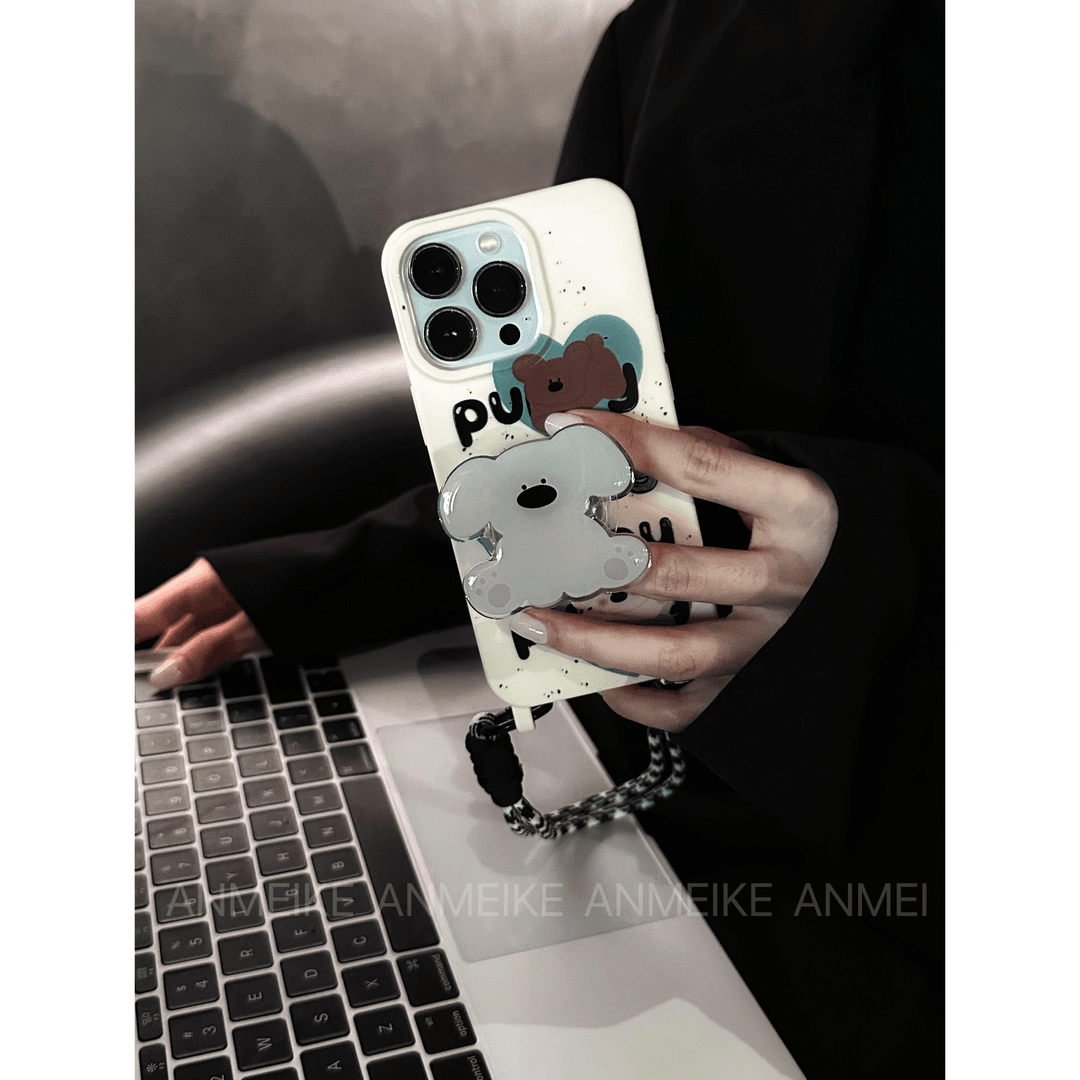 可爱简约苹果15小熊支架斜跨绳iPhone14PROMAX手提绳XR手机壳