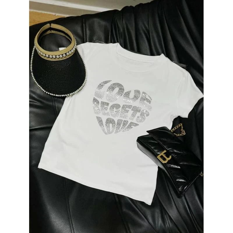 夏季新款重工满钻爱心字母时尚百搭短袖T恤女修身显瘦休闲-397-1