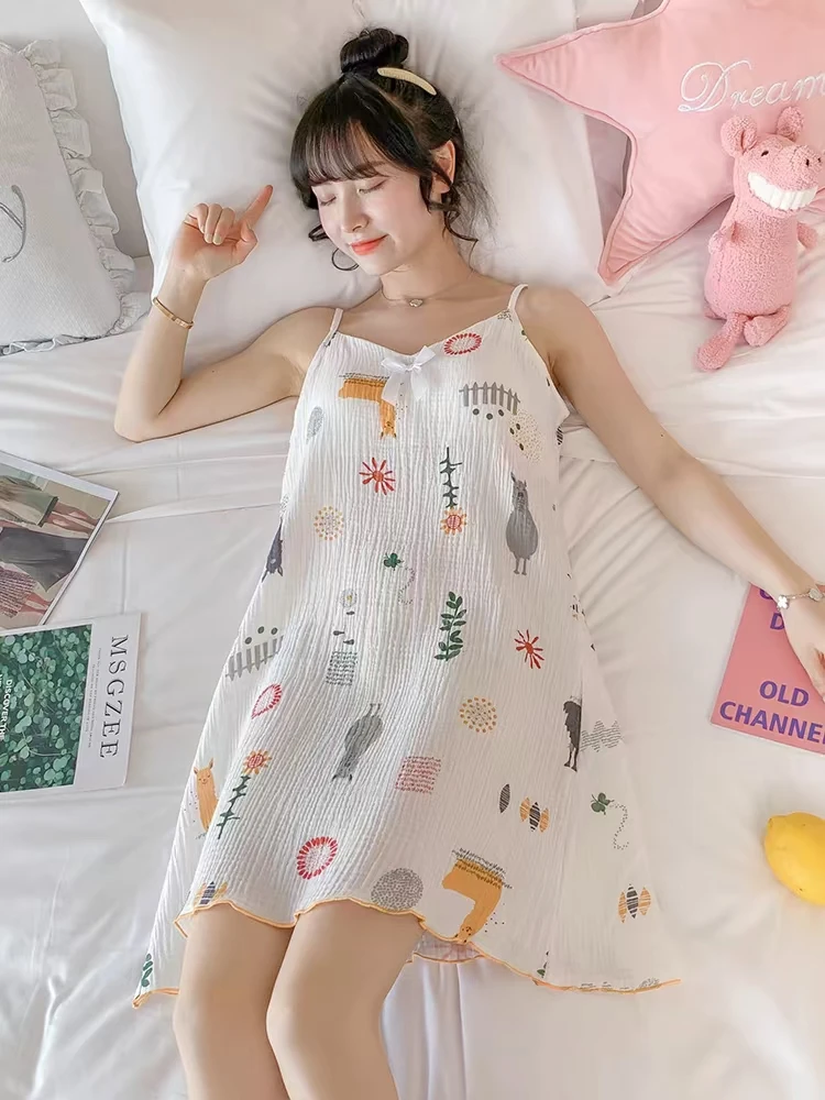 带胸垫睡裙女夏季纯棉薄款韩版家居服夏天清新可爱少女士吊带睡衣