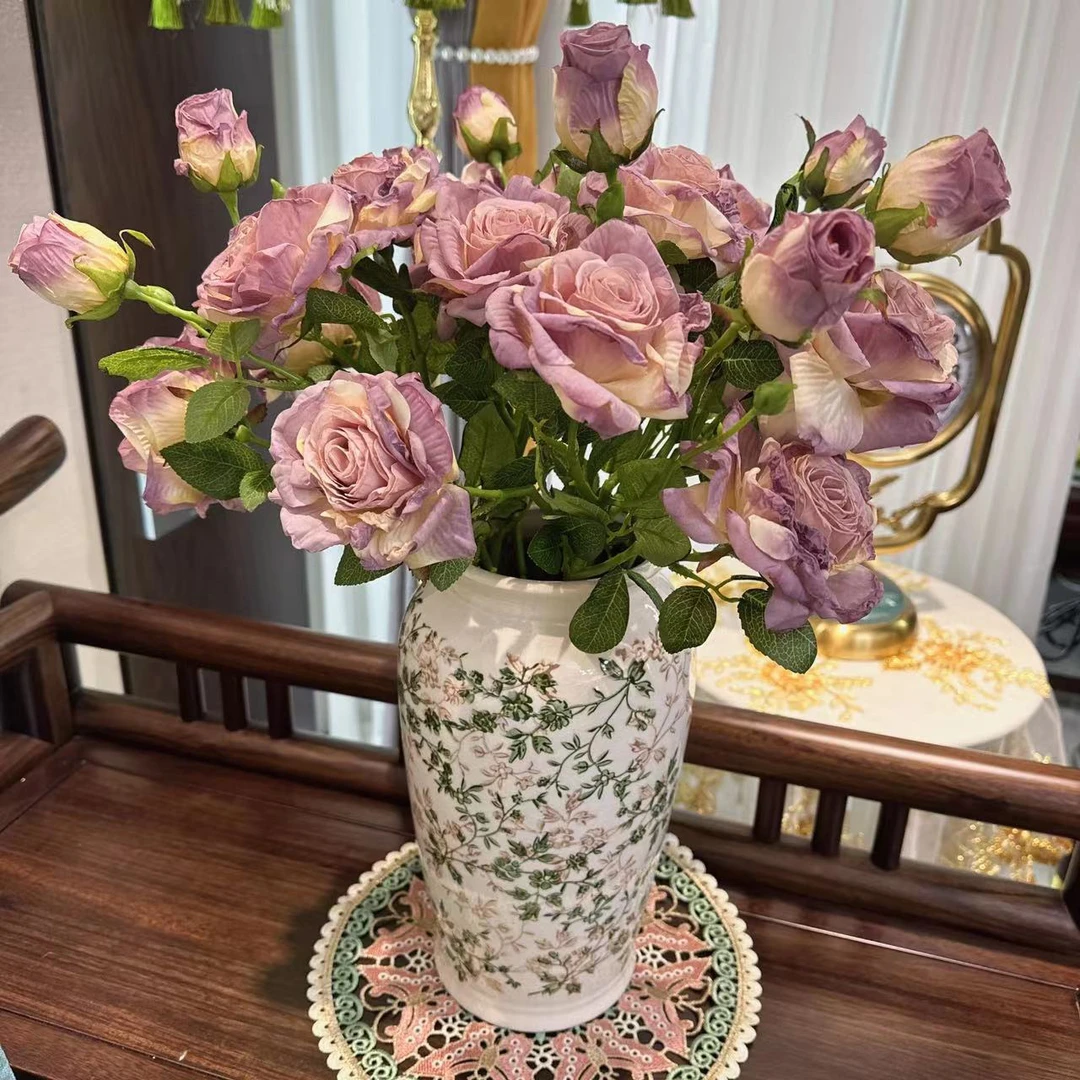 焦边月季绿碎花冰裂纹陶瓷花瓶插花卉水培器皿客厅餐桌面创意摆件