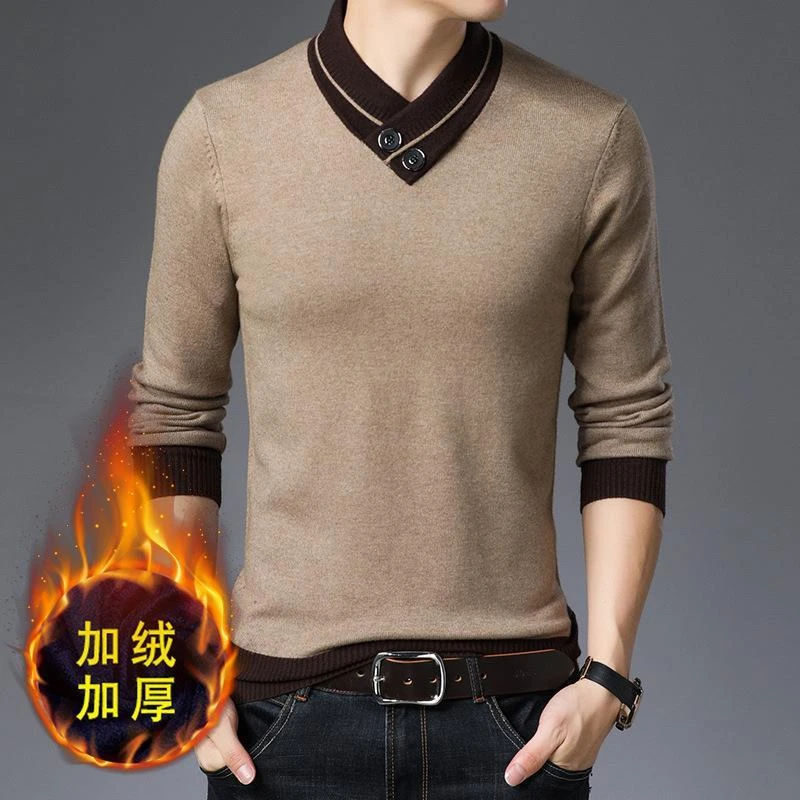 高档冬季衫V领毛衣加绒加厚男士保暖内衣韩版中青年鸡心领毛衫