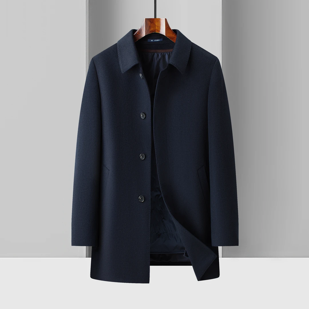 （可脱卸羊绒内胆）羊毛羊绒桑蚕丝男士秋冬中长款商务休闲翻领外套