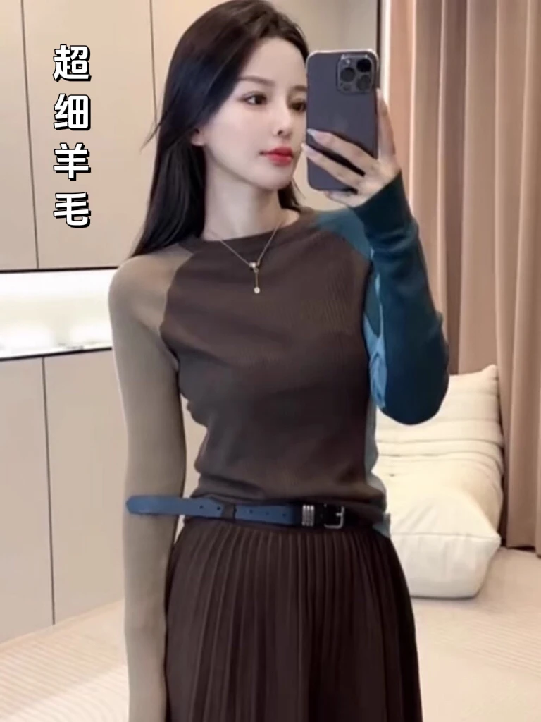 韩版复古设计感针织衫女早秋新款修身显瘦打底衫洋气百搭时尚上衣