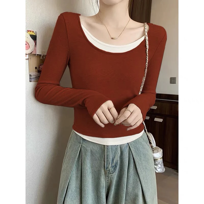 新款假两件U领长袖针织衫T恤设计感修身显瘦内搭可外穿打底衫上衣