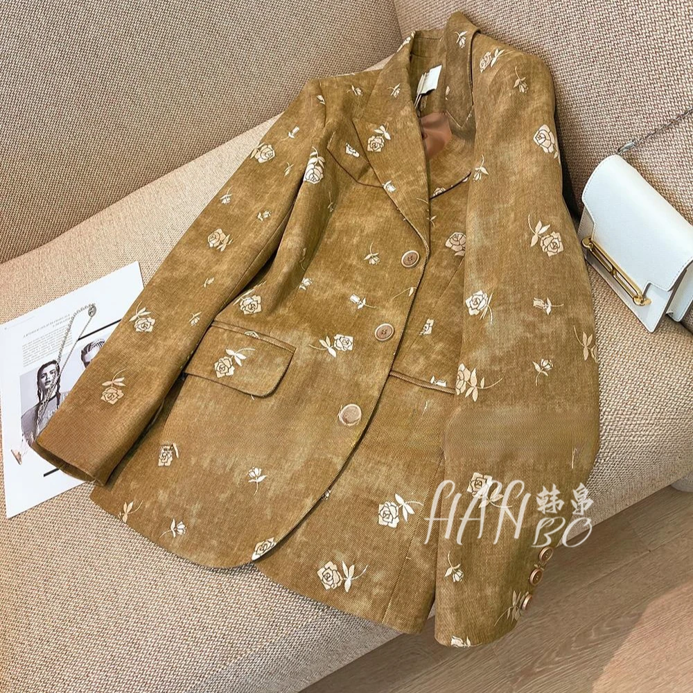 2025宽松新款玫瑰印花设计复古秋季休闲上衣西装外套西装外套女