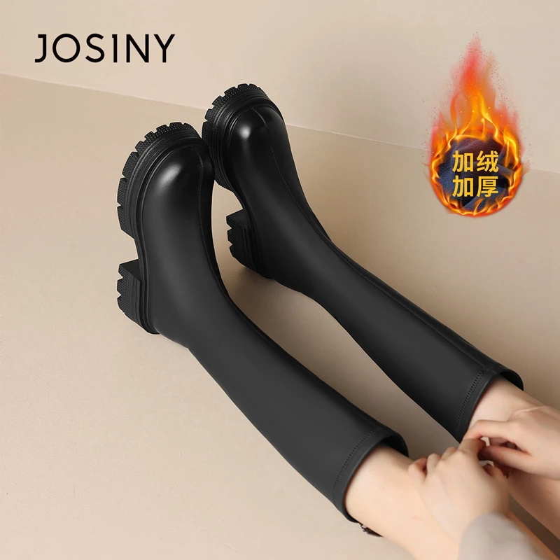 卓诗尼加绒雪地靴女2024冬季新款厚底粗跟保暖棉靴胖mm显瘦骑士靴