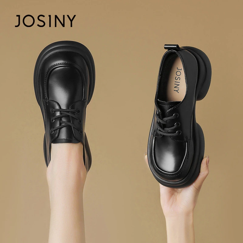 卓诗尼英伦风小皮鞋女2024新款春季厚底系带百搭单鞋学院风乐福鞋