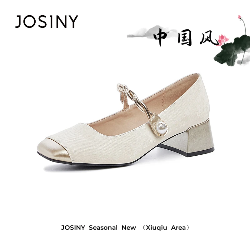 卓诗尼明星同款小香风玛丽珍鞋女新款珍珠复古百搭优雅粗跟高跟鞋