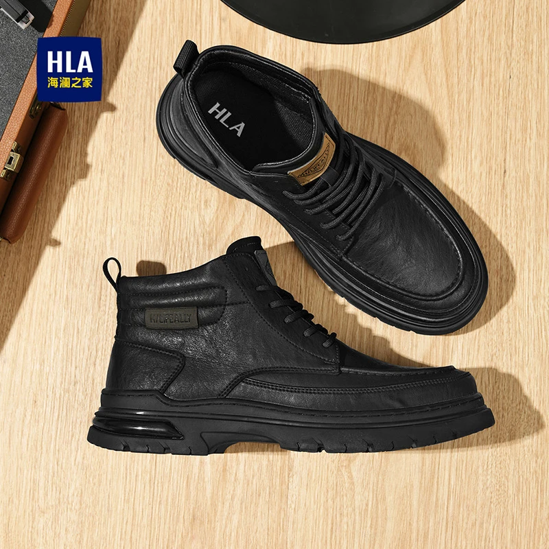 HLA/海澜之家黑色秋季马丁靴耐磨潮鞋秋冬加绒百搭高帮鞋工装鞋