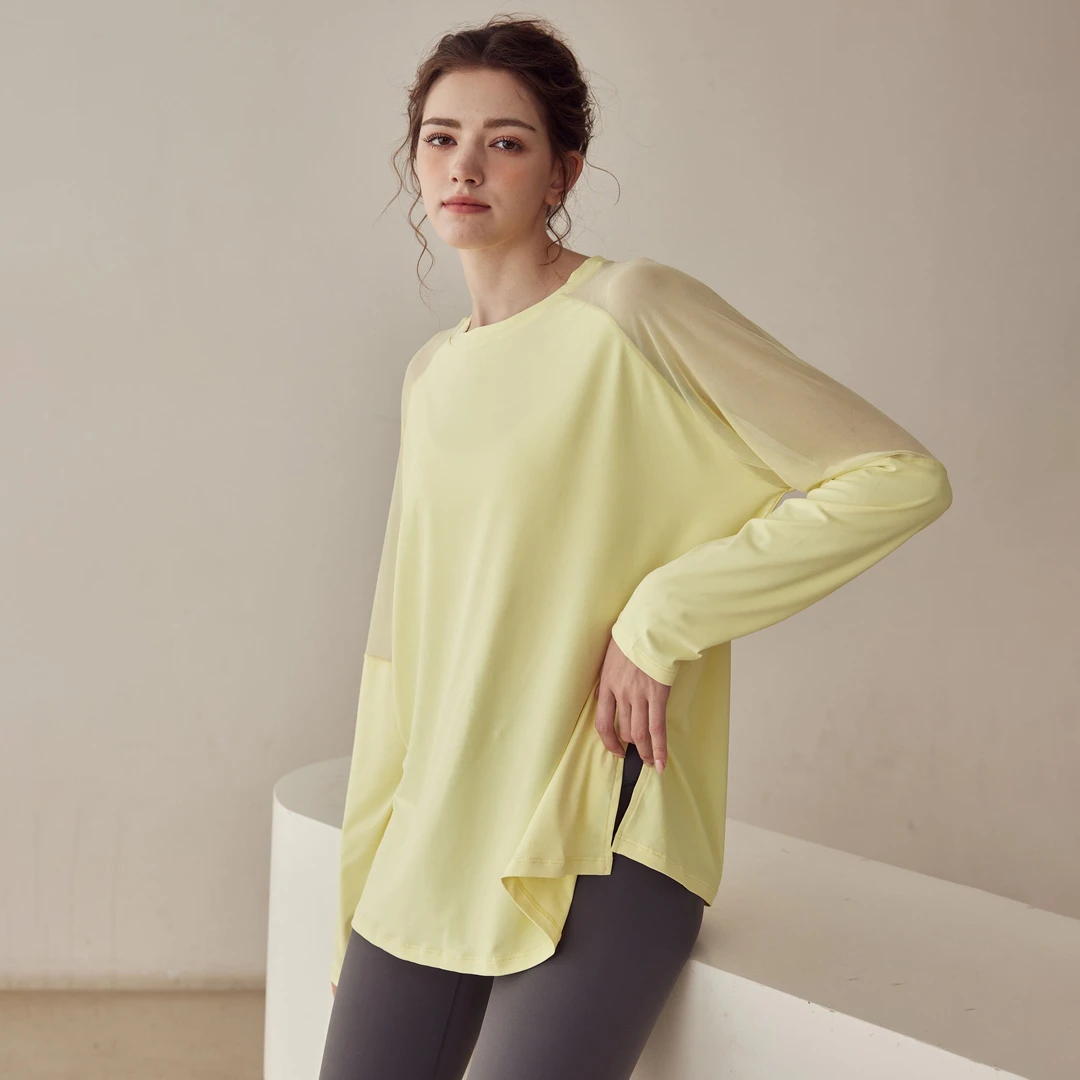 小象9月 瑜伽宽松长袖女网纱大码显瘦运动透气开叉跑步运动b22