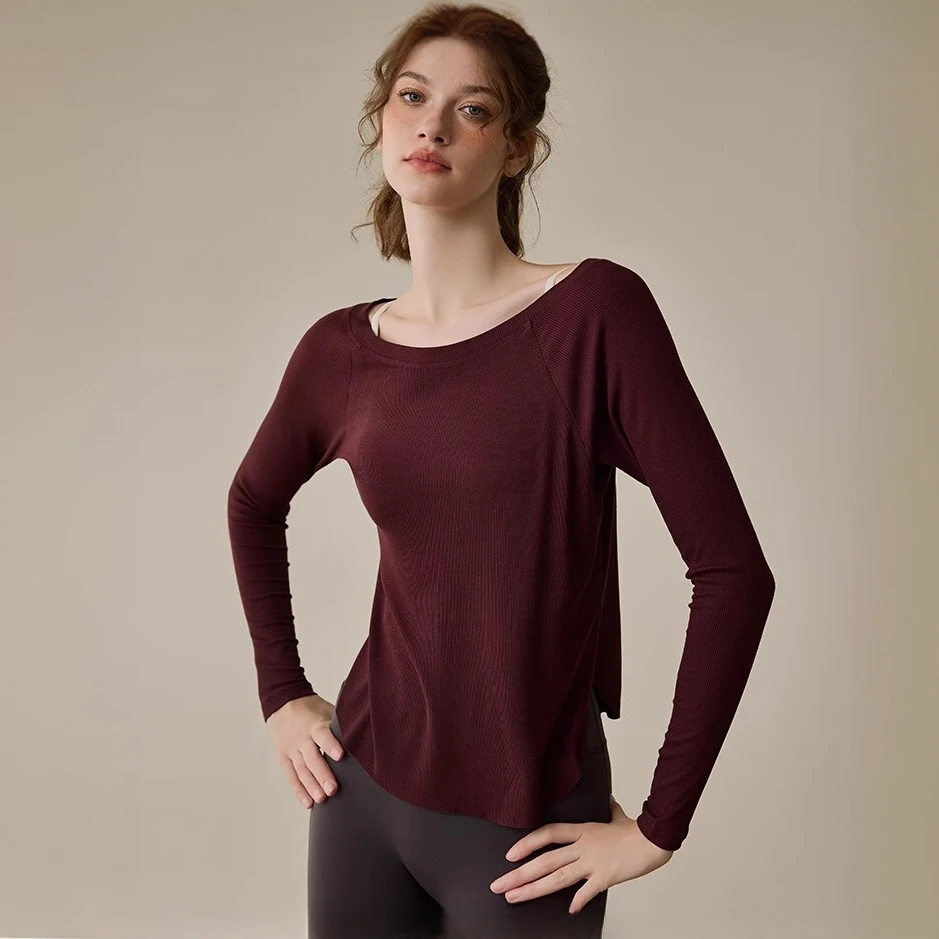 25春新款裸感瑜伽服女宽松性感露肩瑜伽上衣休闲垂感运动长袖上衣